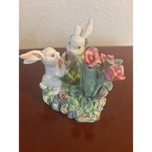 Vintage Easter Bunny Figurine with Basket and Pink Tulips Spring Decor Glitter
